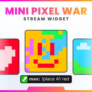 Può includere: Grafica con il testo "MINI PIXEL WAR STREAM WIDGET". L'immagine presenta tre disegni pixelati: un cuore rosso, un volto colorato e un paesaggio blu e verde. La parte inferiore dell'immagine contiene il testo "max: !place A1 red".