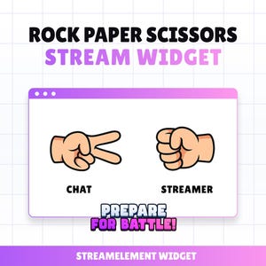 Könnte beinhalten: Digitalgrafik für ein "Rock Paper Scissors Stream Widget" mit weißem Hintergrund und lila und rosa Akzenten. Das Bild zeigt Cartoon-Hände, die Schere und Stein darstellen, mit den Wörtern "CHAT" und "STREAMER" darunter. Der Text "PREPARE FOR BATTLE!" ist ebenfalls enthalten.