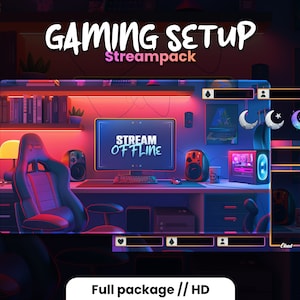 Może przedstawiać: Konfiguracja do gier z fioletowym i czerwonym fotelem gamingowym, biurkiem z monitorem komputerowym, klawiaturą i myszką. Na monitorze wyświetla się tekst "Stream Offline". Tło to ciemny pokój z regałem na książki i oknem.
