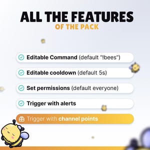 May include: Image showcasing features of a pack, including editable commands, cooldowns, and permissions. The text also mentions triggering with alerts and channel points. A cartoon bee graphic is present.