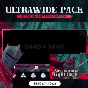 May include: An ultrawide Dark Knight StreamPack graphic with a resolution of 3440 x 1440 pixels. The design features a knight in armor, a red cape, and the text "Stream will be Right Back". The color scheme includes red, black, and gray.