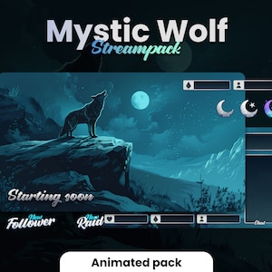 MYSTIC WOLF STREAMPACK - Twitch night overlays kit - Animated package - Wolf howling with night landscape - Low-Fi - Obs / Streamlabs