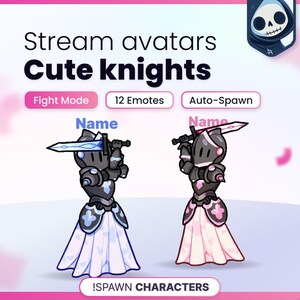 May include: Digital stream avatars featuring two knights in armor with swords. Text reads: Stream avatars Cute knights, Fight Mode, 12 Emotes, Auto-Spawn, Name, and !SPAWN CHARACTERS. One knight has blue accents, the other has pink accents.