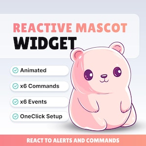 Puede incluir: Ilustración de dibujos animados de un personaje rosa con forma de oso con grandes ojos morados. El texto "REACTIVE MASCOT WIDGET" se muestra encima del oso. Incluye "Animated", "x6 Commands", "x6 Events" y "OneClick Setup".
