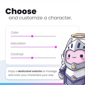 May include: Image with the text "Choose and customize a character." Features a character customization interface with sliders for color, saturation, and contrast. A cartoon character in knight armor is on the right.