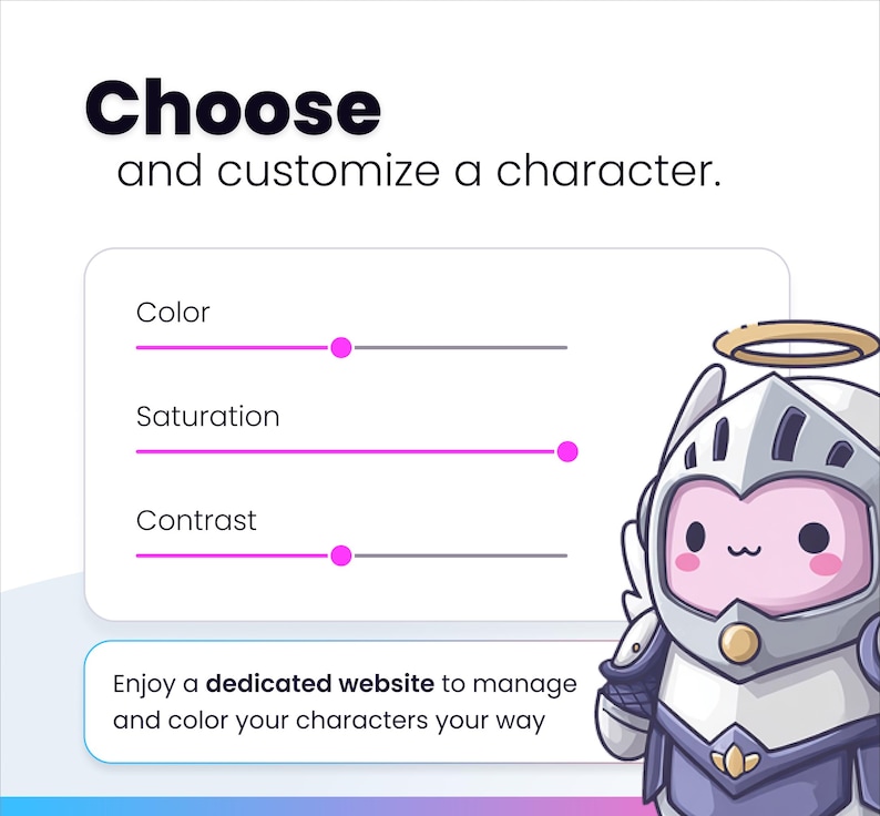 May include: Image with the text "Choose and customize a character." Features a character customization interface with sliders for color, saturation, and contrast. A cartoon character in knight armor is on the right.