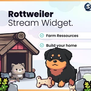 Könnte beinhalten: Cartoon-Illustration mit dem Text "Rottweiler Stream Widget". Ein Cartoon-Rottweiler-Welpe mit schwarzem und braunem Fell sitzt neben einem Knochen. Ein kleines Hundehütte und eine graue Katze mit einem Fisch sind ebenfalls abgebildet.
