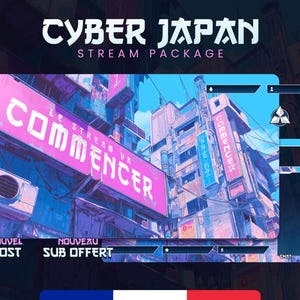 May include: A digital art stream package with a cyberpunk theme. The design features a cityscape with neon signs and Japanese text. The package includes overlays for chat, alerts, and other streaming elements. Text includes "CYBER JAPAN" and "COMMENCER".