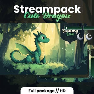 Pacote de sobreposição de dragão fofo | Pacote de transmissão Twitch Dragon | Floresta verde | Cenas, transição, emblemas e muito mais! Pacote animado | Transmissão | Obs