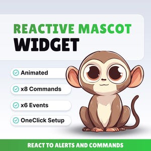May include: A cartoon illustration of a brown monkey with large eyes and ears. The text "REACTIVE MASCOT WIDGET" is displayed above the monkey, with bullet points indicating features like "Animated" and "x8 Commands". The phrase "REACT TO ALERTS AND COMMANDS" is at the bottom.