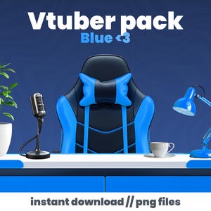 VTUBER KIT - Blått spelrum - Stolar, skrivbord, mikrofoner och mer! Streama tillgång för PNGtuber - Blå modern stil - Direkt nedladdning