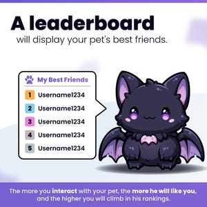 May include: A digital graphic featuring a cute purple and black cartoon bat next to a leaderboard titled My Best Friends. The text reads A leaderboard will display your pet's best friends and The more you interact with your pet, the more he will like you, and the higher you will climb in his rankings.