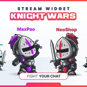 Peut inclure: Graphique numérique pour un widget de diffusion intitulé "Knight Wars". Il présente des chevaliers de dessins animés en armure avec des épées et le texte "Fight Your Chat". Les chevaliers sont de différentes couleurs, dont le violet, le rouge et le bleu.