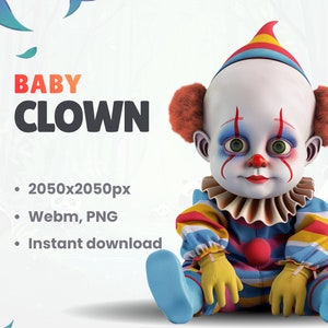 Puede incluir: Ilustración digital de un bebé payaso con cara blanca, pelo rizado rojo y sombrero colorido. El payaso viste un traje azul y amarillo con guantes amarillos. El texto "BABY CLOWN" se muestra en naranja y negro.