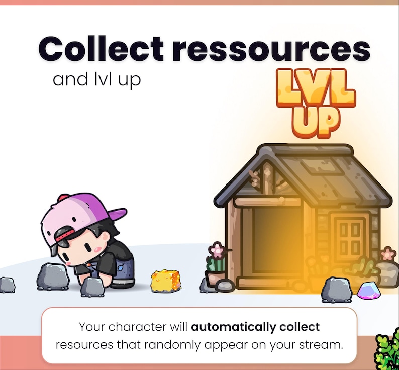 K&ouml;nnte beinhalten: Eine Illustration mit dem Text &bdquo;Collect ressources and lvl up&ldquo; und &bdquo;LVL UP&ldquo;. Eine Zeichentrickfigur mit lila Kappe und Latzhose sammelt Ressourcen in der N&auml;he eines Holzhauses. Der Text unten lautet: &bdquo;Your character will automatically collect resources that randomly appear on your stream.&ldquo;