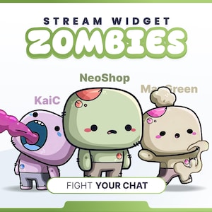 Könnte beinhalten: Digitalgrafik mit drei Cartoon-Zombies und dem Text "STREAM WIDGET ZOMBIES". Die Zombies sind in Rosa-, Grün- und Beigetönen gehalten. Der Text "FIGHT YOUR CHAT" befindet sich unten.