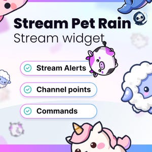 Peut inclure: Graphique promotionnel pour un widget de flux "Stream Pet Rain". L'image présente des animaux de dessins animés, dont une vache, un mouton et une licorne. Le texte comprend "Alertes de flux", "Points de chaîne" et "Commandes".