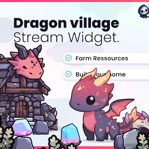 May include: Promotional image for a "Dragon Village Stream Widget." The image shows a cartoon dragon, a stone house, and colourful gems. Text includes "Dragon Village Stream Widget," "Farm Resources," and "Build your home."