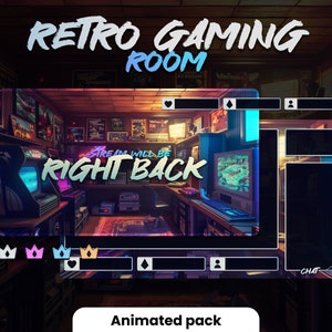 May include: A retro gaming room Twitch stream overlay with a neon blue and pink border. The overlay features a background image of a retro gaming room with a computer monitor, arcade cabinets, and a neon sign that says "Stream will be right back". The overlay also includes a chat box, a follow button, and a donation button.
