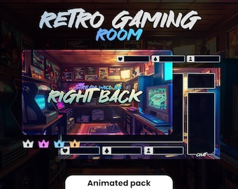 RETRO GAMING ROOM Streampack - Twitch retro overlays - Blue and Red - Animated - 1920 x 1080 px- Low-Fi stream design - Old retro bedroom