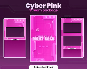 May include: A pink and white animated stream package with the text "Cyber Pink" and "Stream package". The package includes three different layouts with a chatbox, a video screen, and the text "Stream will be right back".