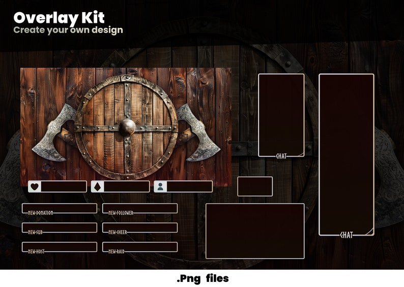 K&ouml;nnte beinhalten: Ein digitales Overlay-Kit f&uuml;r Twitch- oder YouTube-Streaming mit einem Wikinger-Thema. Das Kit verf&uuml;gt &uuml;ber einen Hintergrund aus Holz mit einem Schild und &Auml;xten sowie anpassbare K&auml;stchen f&uuml;r Chat, Spenden, Follower und mehr. Der Text "Overlay Kit" und "Create your own design" befindet sich oben im Bild. Der Text ".Png files" befindet sich unten im Bild.