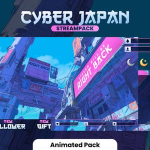 Puede incluir: Un paquete de transmisión de arte digital con un diseño de paisaje urbano futurista. La obra de arte presenta una paleta de colores vibrantes de azules, morados y rosas, con el texto "CYBER JAPAN" y "STREAMPACK". Incluye elementos animados para nuevos seguidores y regalos.