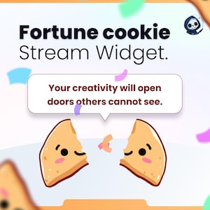 Può includere: Illustrazione di un widget di flusso di biscotti della fortuna. L'immagine presenta due metà di un biscotto della fortuna dei cartoni animati con facce sorridenti. Una nuvoletta contiene il testo: "La tua creatività aprirà porte che gli altri non possono vedere."