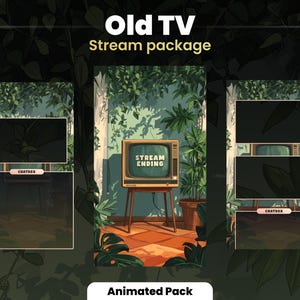 Może przedstawiać: Animowany pakiet streamowania dla Twitcha lub YouTube z motywem starego telewizora. Pakiet zawiera zielony ekran, okno czatu i retro telewizor z tekstem "Stream Ending".