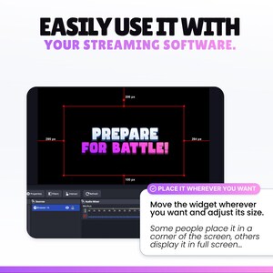 May include: A digital display showing the text "PREPARE FOR BATTLE!" in white and purple, within a red box. The image also includes the text "EASILY USE IT WITH YOUR STREAMING SOFTWARE."