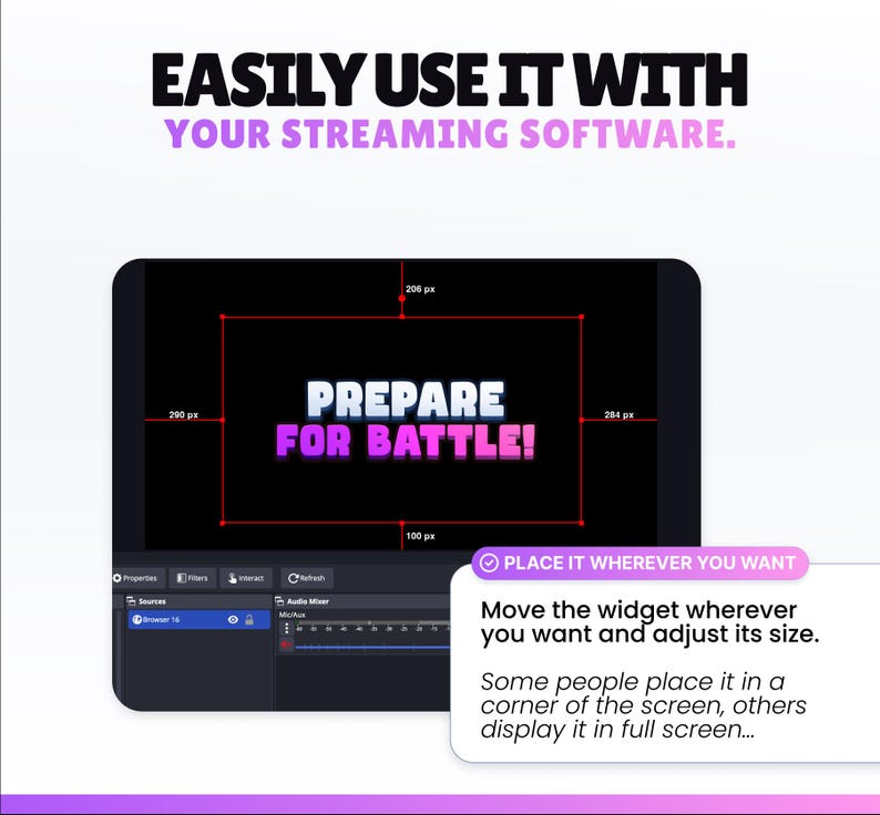 May include: A digital display showing the text "PREPARE FOR BATTLE!" in white and purple, within a red box. The image also includes the text "EASILY USE IT WITH YOUR STREAMING SOFTWARE."