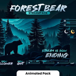 Puede incluir: Un paquete de transmisión digital con temática de bosque. El diseño presenta un oso silueteado en un entorno forestal con el texto "FOREST BEAR STREAMPACK". Incluye superposiciones animadas para nuevos seguidores, regalos y fin de transmisión.