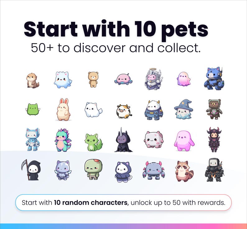 May include: An image featuring a collection of cartoon pets with various designs and colors. The text reads "Start with 10 pets, 50+ to discover and collect." Below, it says "Start with 10 random characters, unlock up to 50 with rewards."
