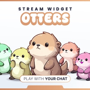 Op de afbeelding: Een afbeelding met cartoonotters in verschillende kleuren, waaronder groen, geel, bruin, roze en paars. De tekst "STREAM WIDGET OTTERS" staat bovenaan, met "PLAY WITH YOUR CHAT" onderaan.