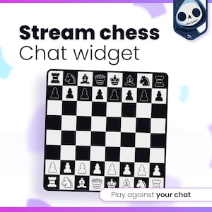Puede incluir: Un gráfico digital con el texto Stream chess Chat widget y Play against your chat. La imagen muestra un tablero de ajedrez en blanco y negro con las piezas en posición inicial y un pequeño icono de un personaje calavera con capucha.
