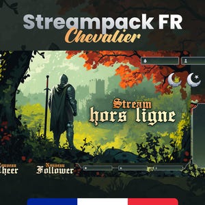 May include: A digital illustration of a knight standing in a forest with a castle in the background. The text "Stream hors ligne" is written in a stylized font. The image is a Twitch stream offline screen.
