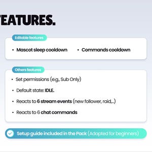 Puede incluir: Un gr&aacute;fico digital con la palabra "FEATURES" en letras negras en negrita. La imagen enumera caracter&iacute;sticas como "Mascot sleep cooldown" y "Commands cooldown". Otras caracter&iacute;sticas incluyen la configuraci&oacute;n de permisos y la reacci&oacute;n a eventos de transmisi&oacute;n y comandos de chat. Se incluye una gu&iacute;a de configuraci&oacute;n.