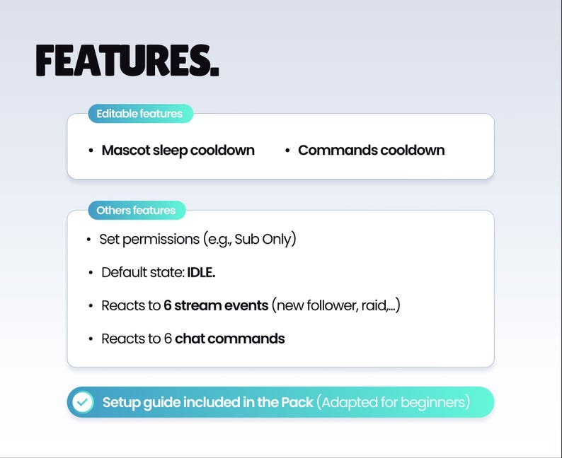 Puede incluir: Un gr&aacute;fico digital con la palabra "FEATURES" en letras negras en negrita. La imagen enumera caracter&iacute;sticas como "Mascot sleep cooldown" y "Commands cooldown". Otras caracter&iacute;sticas incluyen la configuraci&oacute;n de permisos y la reacci&oacute;n a eventos de transmisi&oacute;n y comandos de chat. Se incluye una gu&iacute;a de configuraci&oacute;n.