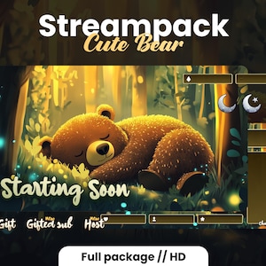 Pacote de transmissão de urso fofo | Urso animado dormindo em uma floresta | Twitch e Obs | Verde e amarelo | Sobreposições de transmissão Low-Fi | 1920x1080 | Kit