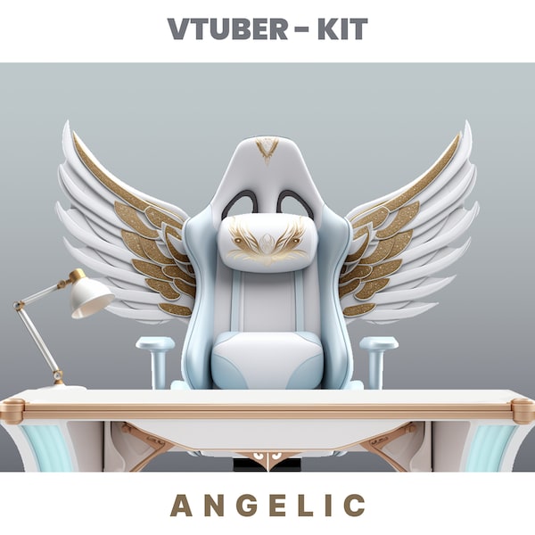 Angelic VTuber Asset Kit – witte vleugels, stoel, bureau (digitale png-download)