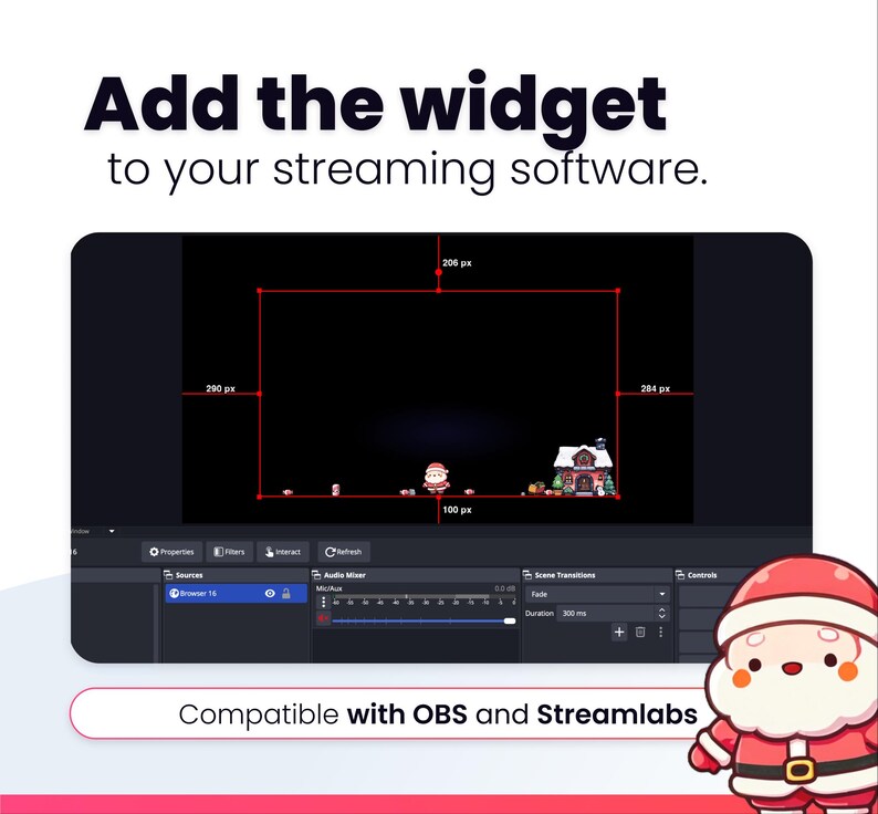May include: A screenshot of streaming software with a Christmas-themed widget. The text "Add the widget to your streaming software" is at the top. The image includes a Santa Claus character and the text "Compatible with OBS and Streamlabs."