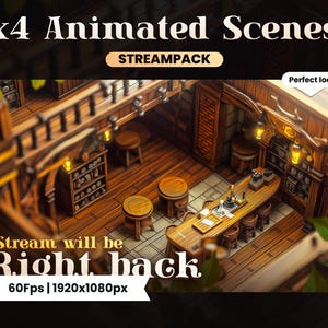 Puede incluir: Una escena de taberna de madera en miniatura con una barra, mesas, sillas y estantes. La escena está iluminada por linternas y tiene una estética rústica y fantástica. El texto "Stream will be Right back" y "60fps | 1920x1080px" es visible en la imagen. El texto "Perfect loop" también es visible en la imagen.