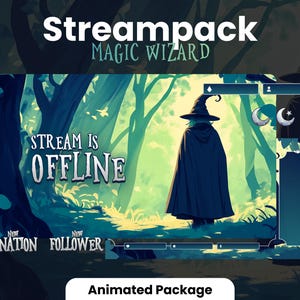 May include: Animated Twitch stream package with a dark blue and green color scheme. The package features a wizard in a forest setting with the text "Stream is Offline".
