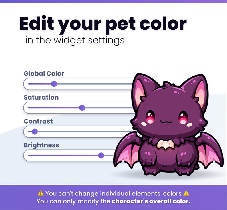 May include: A digital interface showing a purple bat character with pink accents. The text reads: Edit your pet color in the widget settings. It includes sliders for Global Color, Saturation, Contrast, and Brightness, plus a warning note about modifying the character's overall color.