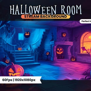 Könnte beinhalten: Ein animierter Halloween-Hintergrund mit einem gruseligen Raum mit Kamin, Treppe und Kürbissen. Der Raum ist in Blau- und Lilatönen beleuchtet. Der Text "Halloween Room Stream Background" und "Perfect loop" ist im Bild sichtbar.