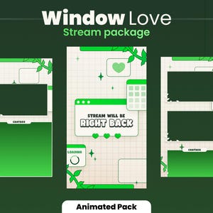 Puede incluir: Paquete de transmisión de Twitch animado verde y blanco con un diseño de marco de ventana. El texto "Stream will be right back" se muestra en una ventana verde. El paquete incluye un cuadro de chat, una barra de carga y un icono de corazón.