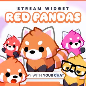 Puede incluir: Gráfico promocional para un widget de transmisión con pandas rojos de dibujos animados. La imagen incluye el texto "Stream Widget Red Pandas" y "Play with your chat". Los pandas rojos son de varios colores, incluyendo rojo, naranja y rosa.