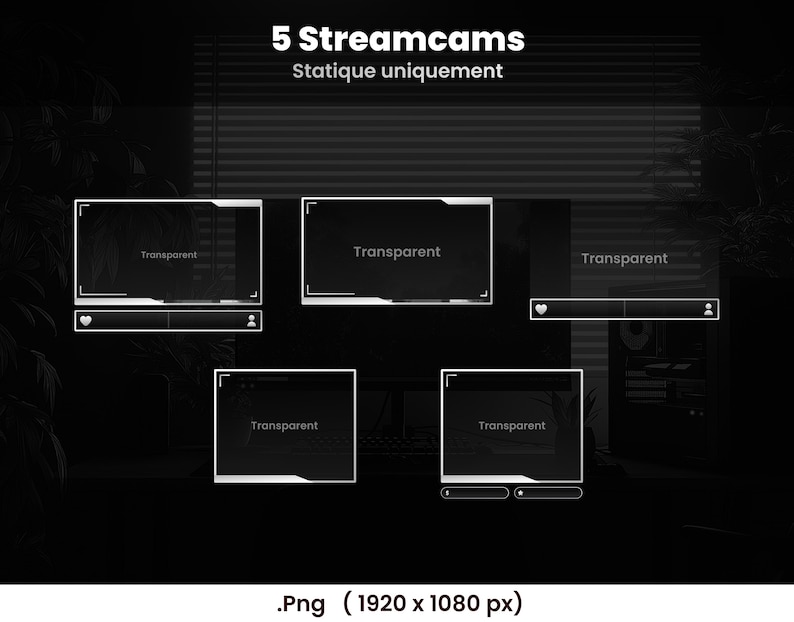 May include: A black and white graphic featuring five streamcam overlays. The text "5 Streamcams" and "Statique uniquement" are at the top. Each overlay has a transparent window with a white border and a black background. The image is a .png file with a resolution of 1920 x 1080 px.