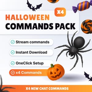 May include: Promotional image for a Halloween-themed digital product. The image features a black spider, a carved pumpkin, and candy. Text includes "Halloween Commands Pack" and "x4 Commands".
