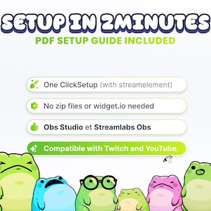 May include: A digital graphic with the text "SETUP IN 2MINUTES" and "PDF SETUP GUIDE INCLUDED." Below are three bullet points with text, and a fourth that says "Compatible with Twitch and YouTube." The bottom of the image features cartoon frogs.